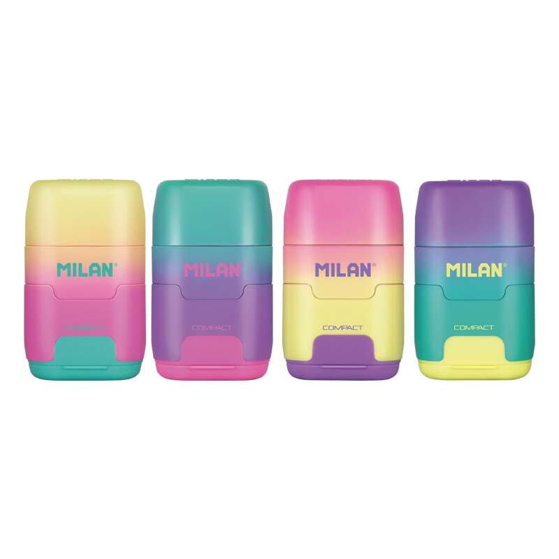 Milan Compact Sunset Espositore da 16 temperamatite - Uso Standard e Maxi - Lama in acciaio  - Gomma da cancellare - Lama di sicurezza - Colori assortiti