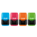 Milan Compact Fluo Espositore da 16 temperamatite - Uso Standard e Maxi - Lama in acciaio - Gomma da cancellare - Lama di sicurezza - Colori assortiti