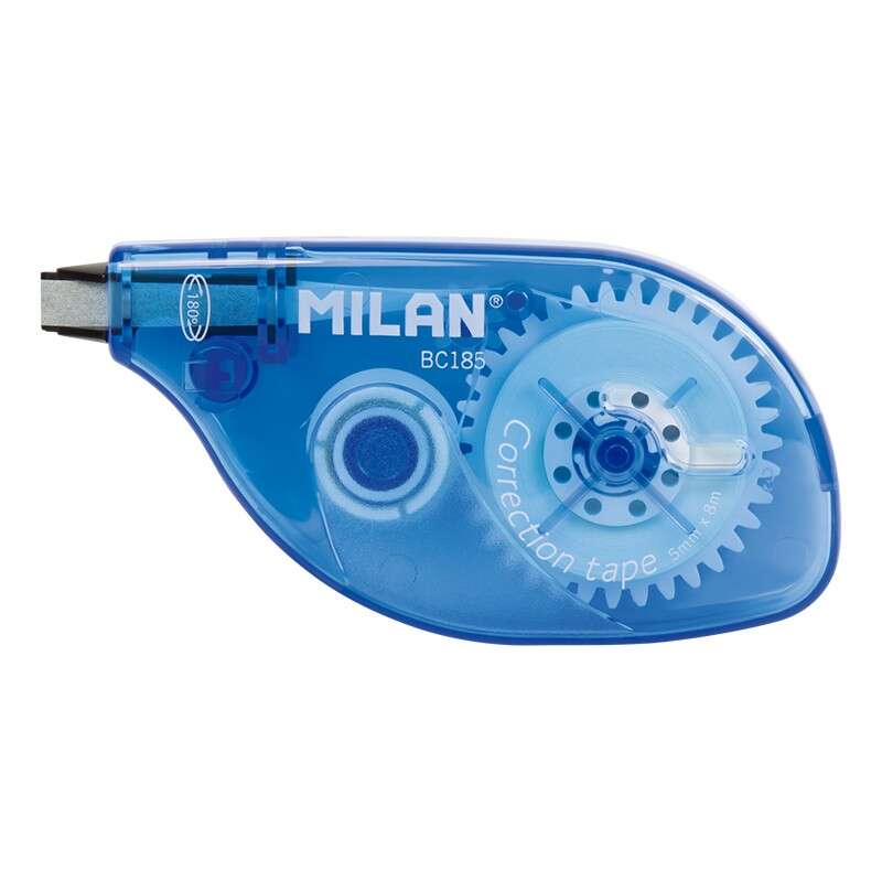 Milan Nastro correttore 5 mm x 8 m - Correzione a secco - Adatto ai mancini grazie alla rotazione di 180° della punta - Per tutti i tipi di carta - Corpo blu trasparente
