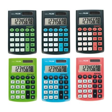Espositore Milan Pocket con 12 calcolatrici tascabili - 8 cifre - Tasti morbidi - Colori assortiti