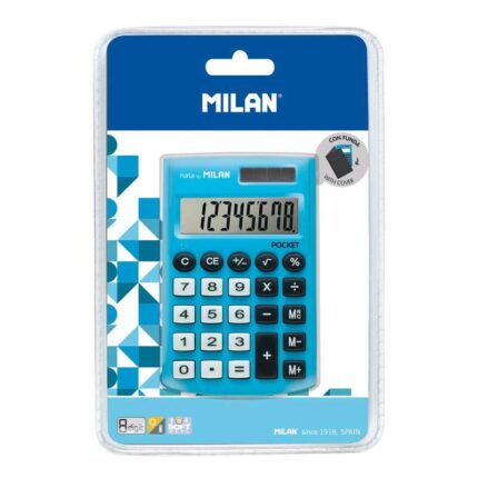 Milan Pocket Calcolatrice tascabile con display a 8 cifre - 3 tasti di memoria e radice quadrata - Tasti morbidi al tatto - Colore blu