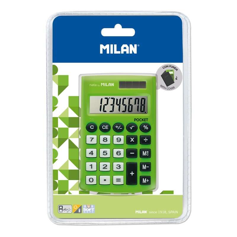 Milan Pocket Calcolatrice tascabile con display a 8 cifre - 3 tasti di memoria e radice quadrata - Tasti morbidi al tatto - Colore verde