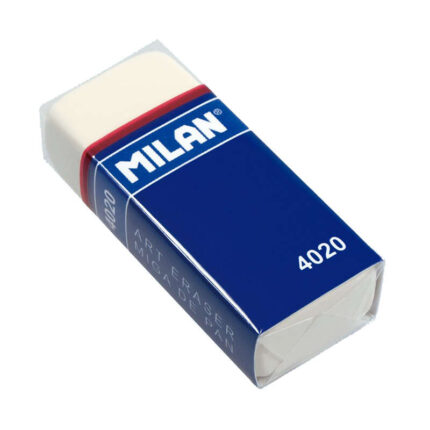 Milan 4020 Gomma da cancellare rettangolare - a forma di briciola di pane - gomma sintetica morbida - fascetta di cartone blu - confezionata singolarmente - colore bianco