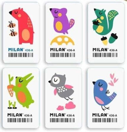 Milan 436A Gomma da cancellare rettangolare flessibile - Briciola di pane - Gomma sintetica - Disegni per bambini - Disegni assortiti
