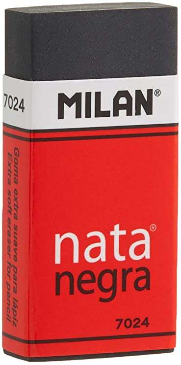 Milan Nata 7024 Gomma da cancellare rettangolare - Plastica - Fascia di cartone rossa - Confezionata singolarmente - Extra morbida - Colore nero