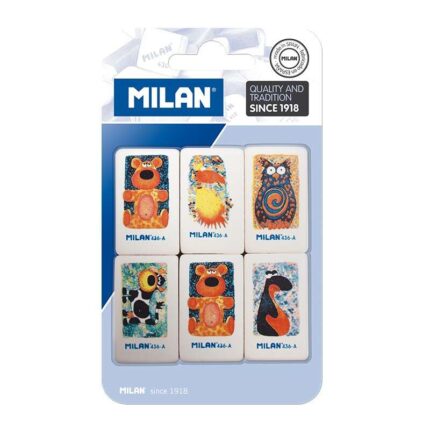 Milan 436A Confezione da 6 gomme da cancellare rettangolari - Gomma morbida sintetica - Disegni per bambini assortiti - Colore bianco