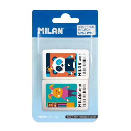 Milan 4018 Confezione da 2 gomme da cancellare rettangolari - a forma di briciola di pane - gomma morbida sintetica - disegni infantili a colori
