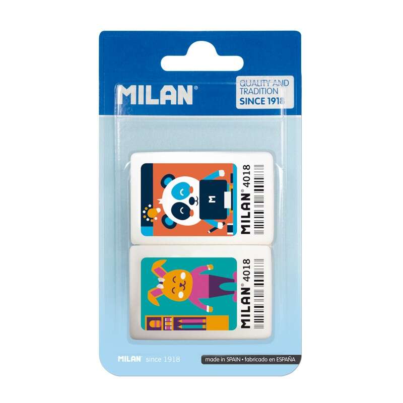 Milan 4018 Confezione da 2 gomme da cancellare rettangolari - a forma di briciola di pane - gomma morbida sintetica - disegni infantili a colori