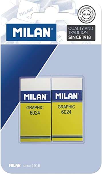 Milan Nata 6024 Graphic Confezione da 2 gomme da cancellare rettangolari - Plastica - Fascia di cartone gialla - Non danneggia la carta - Colore bianco