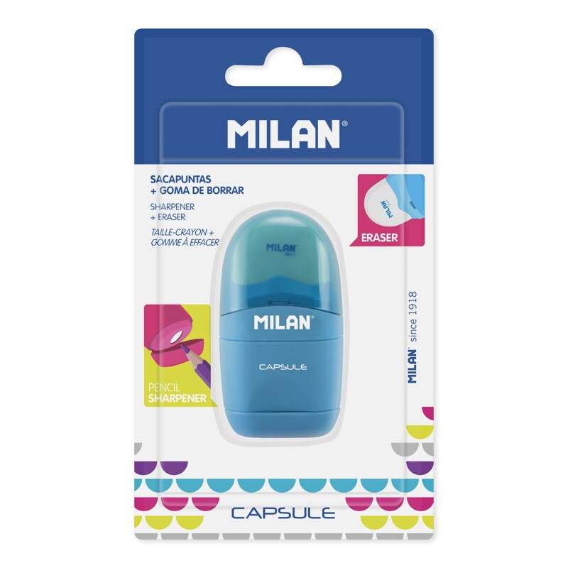 Milan Capsule Afilaborras - Temperamatite e gomma da cancellare - Lama in acciaio al carbonio - Per tutti i tipi di matite - Lama di sicurezza - Colori assortiti