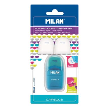 Milan Capsule Blister Afilaborras - Temperamatite e gomma da cancellare + 2 gomme da cancellare di ricambio - Lama in acciaio al carbonio - Per tutti i tipi di matite - Lama di sicurezza - Colori assortiti