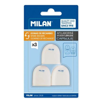 Milan Confezione da 3 gomme da cancellare di ricambio per temperini CAPSULE - Pan di segale - Morbida - Gomma sintetica - Colore bianco
