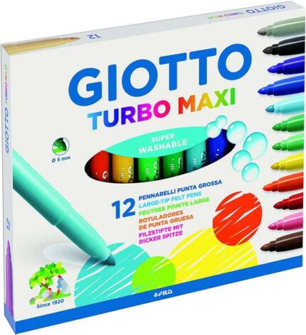 Giotto Turbo Maxi Confezione da 12 pennarelli - Punta spessa  5 mm - Inchiostro a base d'acqua - Lavabile - Colori assortiti