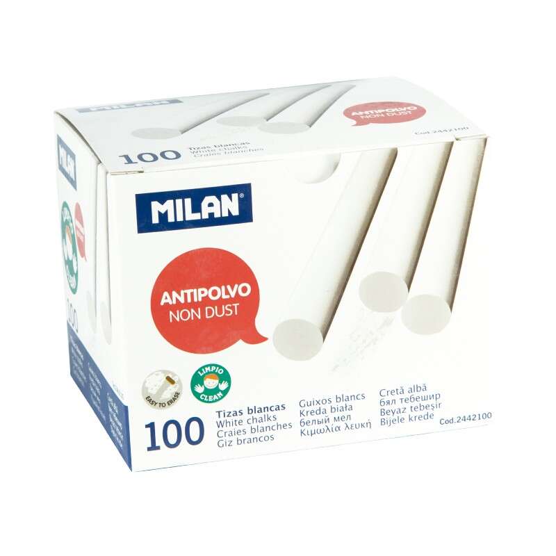 Milan Confezione da 100 gessetti - Rotondi - Antipolvere - Senza caseina né gesso - Colore bianco