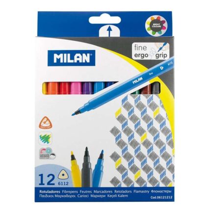 Milan Confezione da 12 pennarelli triangolari - Punta fine conica da 2 mm - Inchiostro a base d'acqua - Lavabile - Colori assortiti