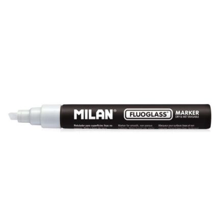Milan Fluoglass Pennarello per superfici lisce - Punta smussata - Tratto da 2 a 4 mm - Inchiostro a base d'acqua - Facile da cancellare - Colore bianco