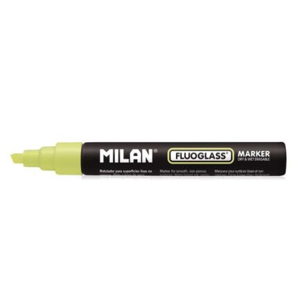 Milan Fluoglass Pennarello per superfici lisce - Punta smussata - Tratto da 2 a 4 mm - Inchiostro a base d'acqua - Facilmente cancellabile - Colore giallo