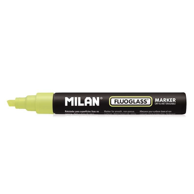 Milan Fluoglass Pennarello per superfici lisce - Punta smussata - Tratto da 2 a 4 mm - Inchiostro a base d'acqua - Facilmente cancellabile - Colore giallo