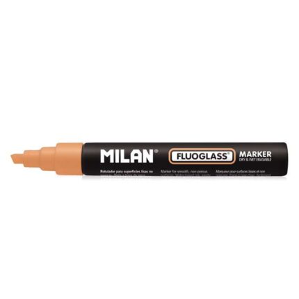 Milan Fluoglass Pennarello per superfici lisce - Punta smussata - Tratto da 2 a 4 mm - Inchiostro a base d'acqua - Facile da cancellare - Colore arancione