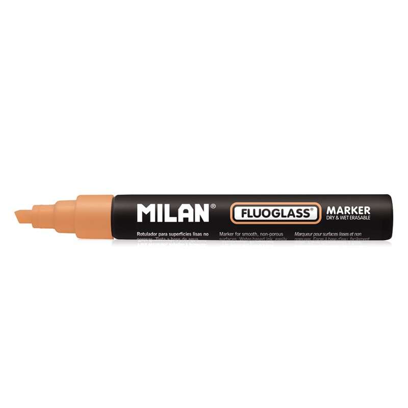 Milan Fluoglass Pennarello per superfici lisce - Punta smussata - Tratto da 2 a 4 mm - Inchiostro a base d'acqua - Facile da cancellare - Colore arancione