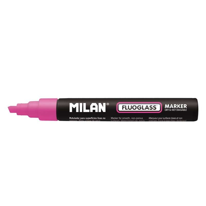 Milan Fluoglass Pennarello per superfici lisce - Punta smussata - Tratto da 2 a 4 mm - Inchiostro a base d'acqua - Facile da cancellare - Colore rosa Milan Fluoglass Pennarello per superfici lisce - Punta smussata - Tratto da 2 a 4 mm - Inchiostro a base d'acqua - Facile da cancellare - Colore rosa