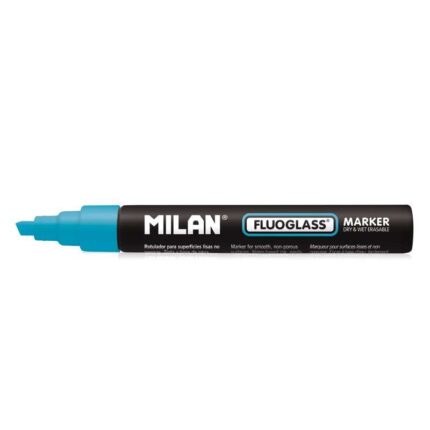 Milan Fluoglass Pennarello per superfici lisce - Punta smussata - Tratto da 2 a 4 mm - Inchiostro a base d'acqua - Facilmente cancellabile - Colore blu