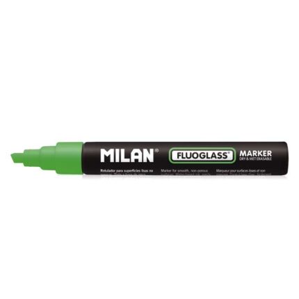 Milan Fluoglass Pennarello per superfici lisce - Punta smussata - Tratto da 2 a 4 mm - Inchiostro a base d'acqua - Facilmente cancellabile - Colore verde