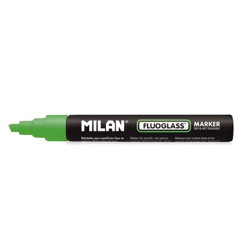 Milan Fluoglass Pennarello per superfici lisce - Punta smussata - Tratto da 2 a 4 mm - Inchiostro a base d'acqua - Facilmente cancellabile - Colore verde Milan Fluoglass Pennarello per superfici lisce - Punta smussata - Tratto da 2 a 4 mm - Inchiostro a base d'acqua - Facilmente cancellabile - Colore verde