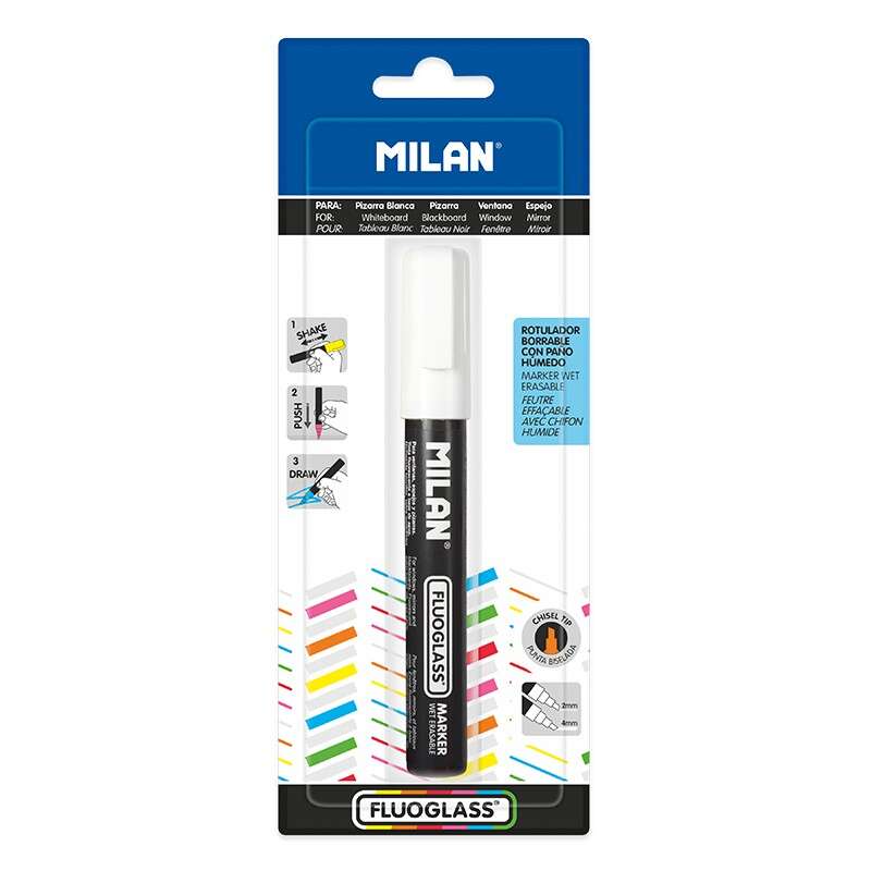 Milan Fluoglass Pennarello per superfici lisce  - Punta smussata - Tratto da 2 a 4 mm - Inchiostro a base d'acqua - Facile da cancellare - Colore bianco
