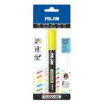 Milan Fluoglass Pennarello per superfici lisce - Punta smussata - Tratto da 2 a 4 mm - Inchiostro a base d'acqua - Facilmente cancellabile - Colore giallo