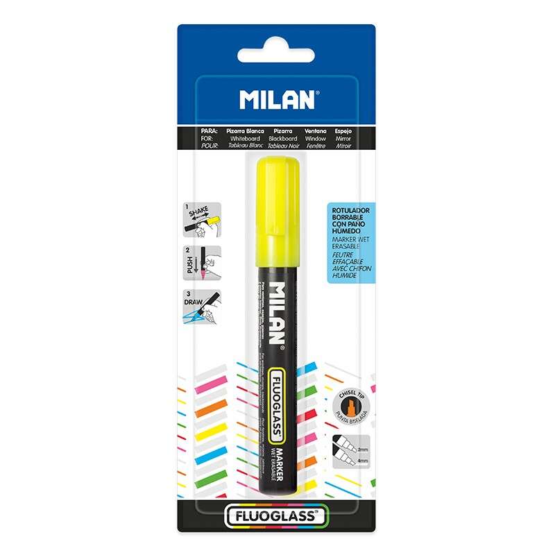 Milan Fluoglass Pennarello per superfici lisce - Punta smussata - Tratto da 2 a 4 mm - Inchiostro a base d'acqua - Facilmente cancellabile - Colore giallo