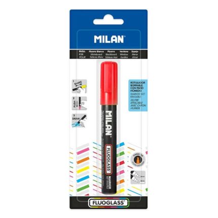 Milan Fluoglass Pennarello per superfici lisce - Punta smussata - Tratto da 2 a 4 mm - Inchiostro a base d'acqua - Facilmente cancellabile - Colore rosso