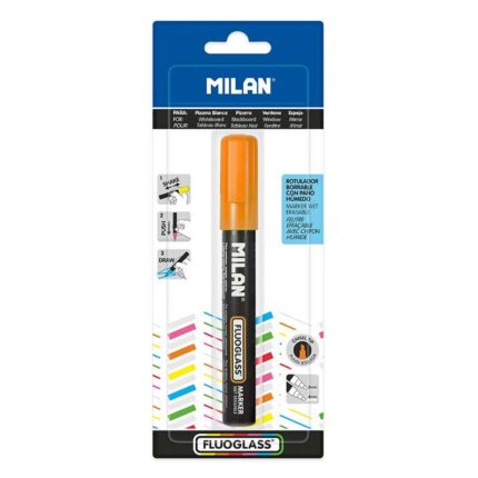 Milan Fluoglass Pennarello per superfici lisce - Punta smussata - Tratto da 2 a 4 mm - Inchiostro a base d'acqua - Facile da cancellare - Colore arancione