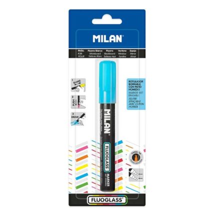 Milan Fluoglass Pennarello per superfici lisce - Punta smussata - Tratto da 2 a 4 mm - Inchiostro a base d'acqua - Facilmente cancellabile - Colore blu
