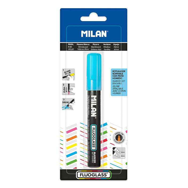Milan Fluoglass Pennarello per superfici lisce - Punta smussata - Tratto da 2 a 4 mm - Inchiostro a base d'acqua - Facilmente cancellabile - Colore blu
