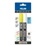 Milan Fluoglass Confezione da 2 pennarelli per superfici lisce - Punta smussata - Tratto da 2 a 4 mm - Inchiostro a base d'acqua - Facile da cancellare - Colori assortiti