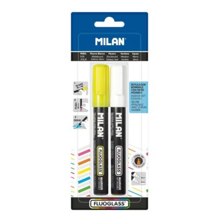 Milan Fluoglass Confezione da 2 pennarelli per superfici lisce - Punta smussata - Tratto da 2 a 4 mm - Inchiostro a base d'acqua - Facile da cancellare - Colori assortiti