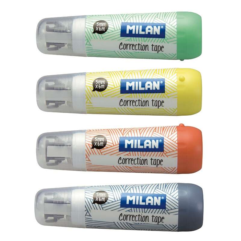 Milan Confezione da 40 nastri correttori cilindrici - Misure 5 mm x 6 m - Correttore a secco - Per tutti i tipi di carta - Colori assortiti