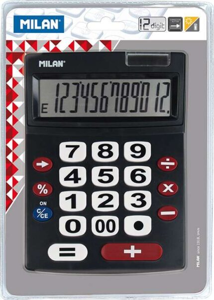 Milan Calcolatrice a 12 cifre extra large - Tasti grandi - Tasto di correzione dell'immissione dati - Spegnimento automatico - Colore nero
