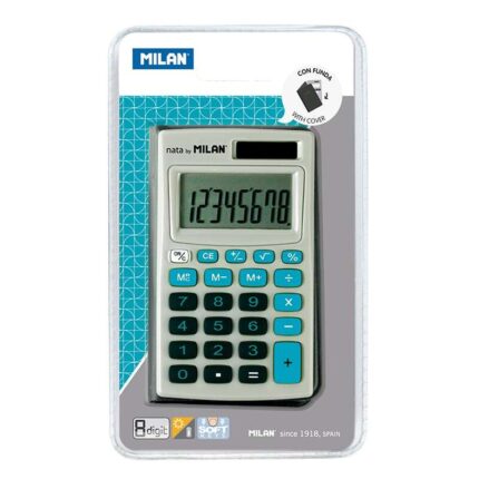 Milan Calcolatrice tascabile a 8 cifre - 3 tasti di memoria e radice quadrata - Spegnimento automatico - Custodia inclusa - Colore grigio e blu