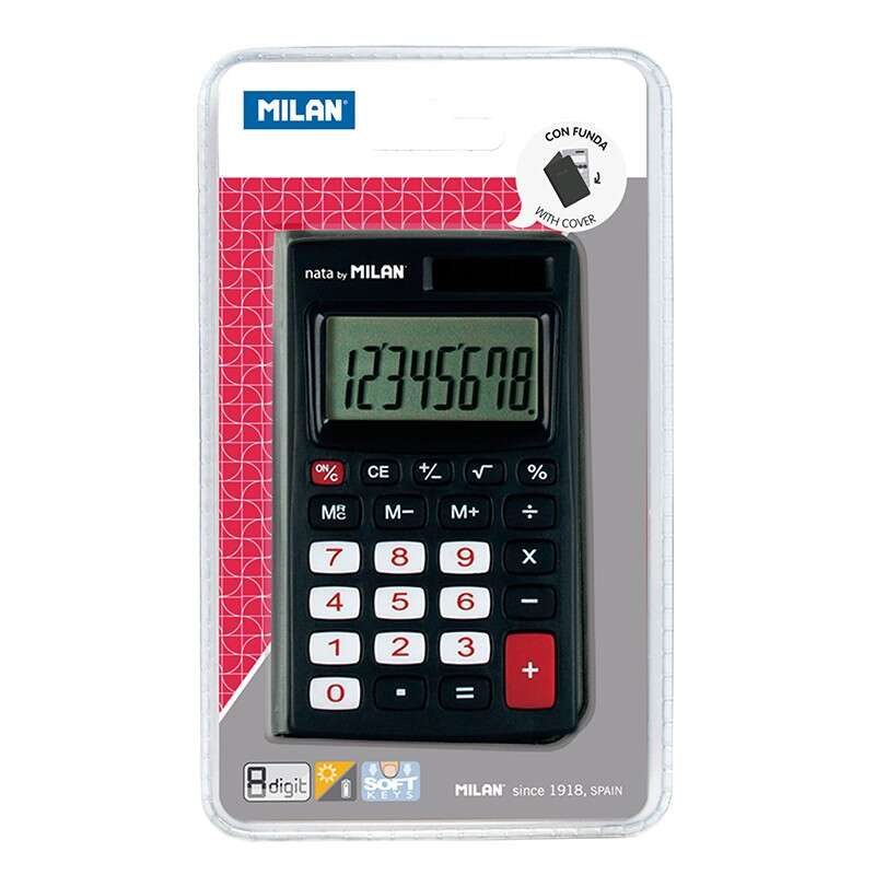 Milan Calcolatrice tascabile a 8 cifre - 3 tasti di memoria e radice quadrata - Spegnimento automatico - Custodia inclusa - Colore nero