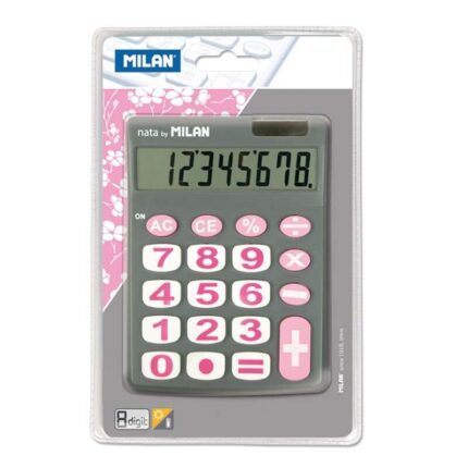 Milan Nata Calcolatrice da tavolo a 8 cifre - Tasti grandi - Spegnimento automatico - Colore grigio e rosa