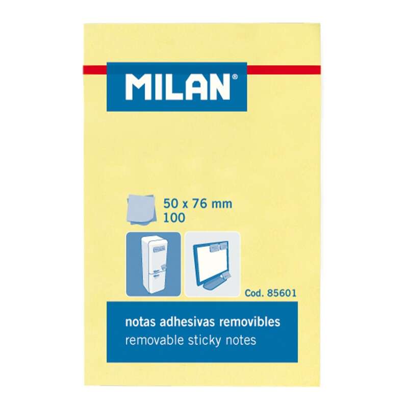Milan Blocco da 100 foglietti adesivi - Rimovibili - 50 mm x 76 mm - Colore giallo chiaro