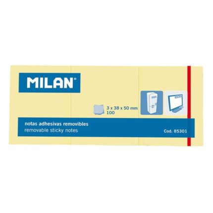 Milan Confezione da 3 blocchi da 100 foglietti adesivi rimovibili - Dimensioni 38x50 mm - Colore giallo chiaro