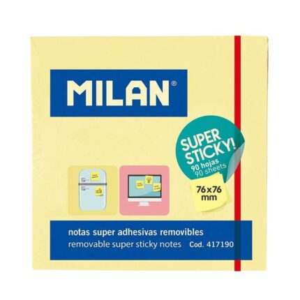 Milan Blocco da 90 foglietti super adesivi - Rimovibili - Maggiore tenuta - 76 mm x 76 mm - Colore giallo pastello