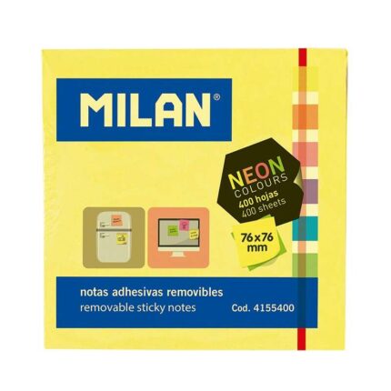 Milan Blocco da 400 foglietti adesivi neon - Rimovibili - 76 mm x 76 mm - Colori assortiti
