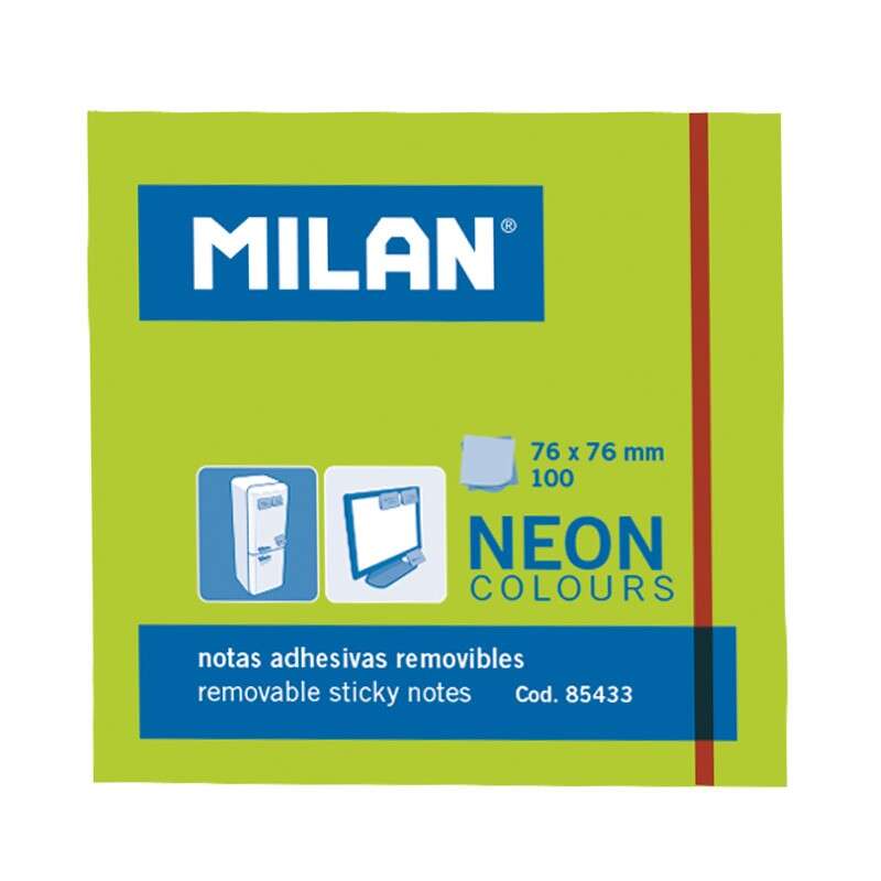 Milan Blocco da 100 foglietti adesivi - Rimovibili - 76 mm x 76 mm - Colore verde neon