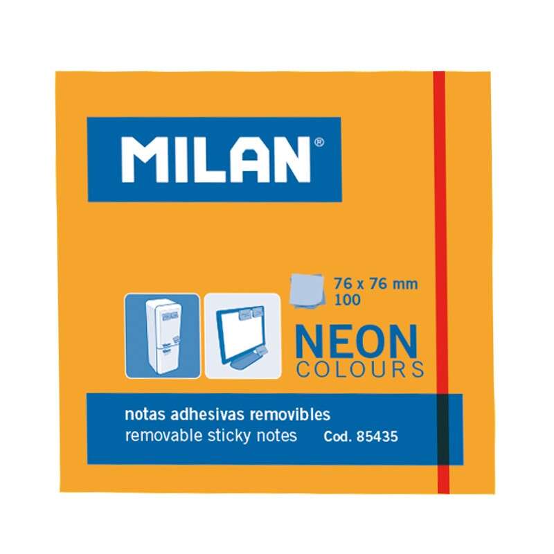 Milan Blocco da 100 foglietti adesivi - Rimovibili - 76 mm x 76 mm - Colore arancione neon