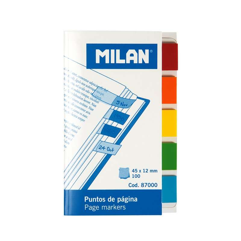 Milan Blocco da 100 segnalibri colorati - Parte trasparente adesiva - Plastica - Rimovibili - Dimensioni 45 mm x 12 mm - Colori assortiti