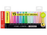 Stabilo Boss 70 Confezione da 15 pennarelli fluorescenti da scrivania - Pratica base da scrivania - Tratto da 2 a 5 mm - Ricaricabile - Inchiostro a base d'acqua - Colori 9 fluo + 6 pastello - immagine 3